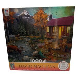 Aurora Lights David Maclean Ceaco 1000 Piece jigsaw Puzzle Cabin woods deer